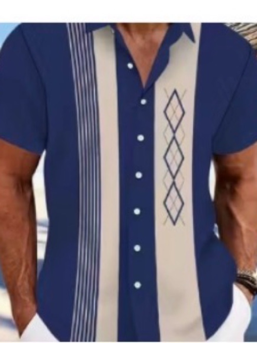 Men’s Short Sleeve Button-Up Shirt in Navy and Cream Panels